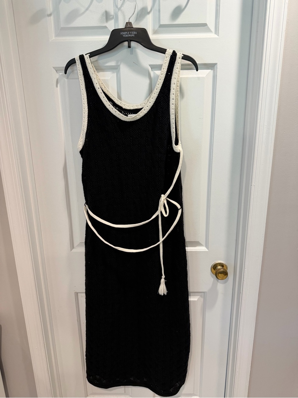 NWT Black Crochet Tank Maxi  Dress with Cream Trim Tassel Belt Sz XL